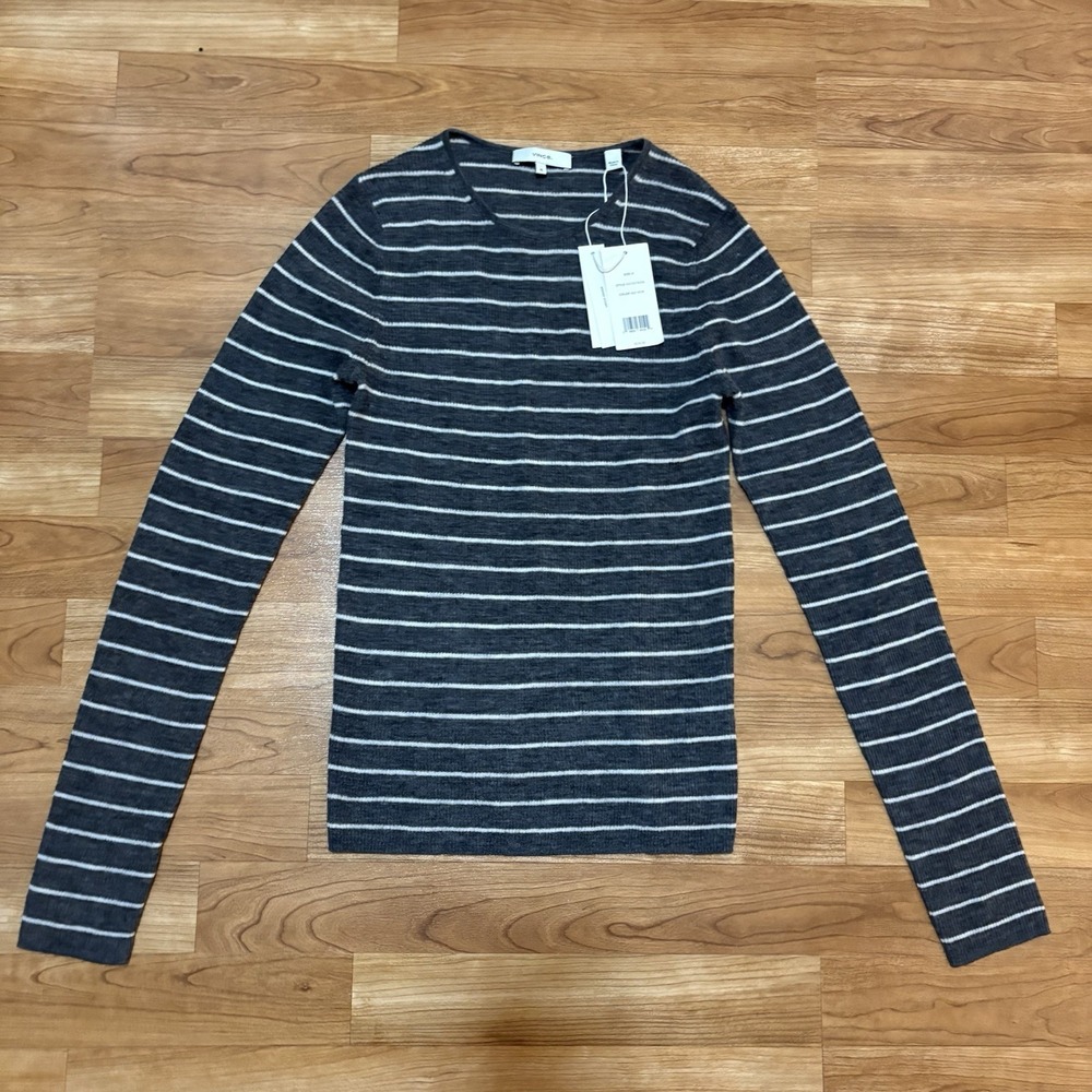 NWT $235 Vince 100% Wool Stripe Rib Knit Shirt CARBON/OFF WHITE Medium Luxury - Picture 2 of 9